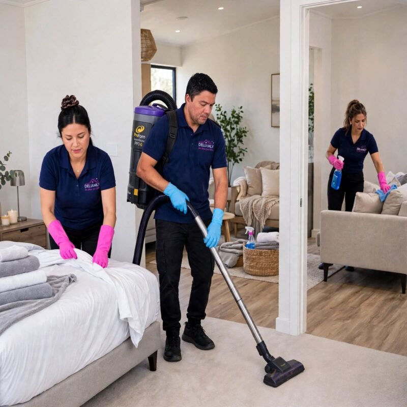 Deliamly cleaning team vacuuming and wiping down a living room