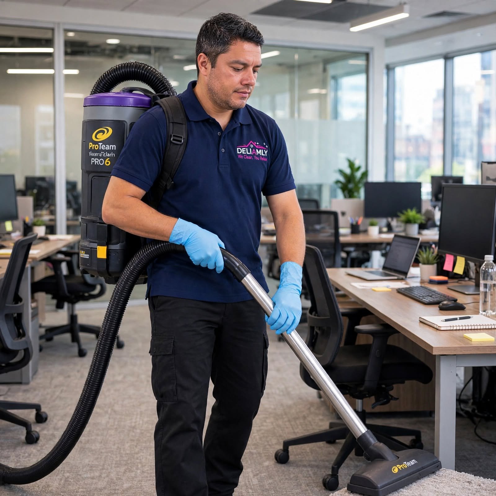 Office cleaner vacuuming